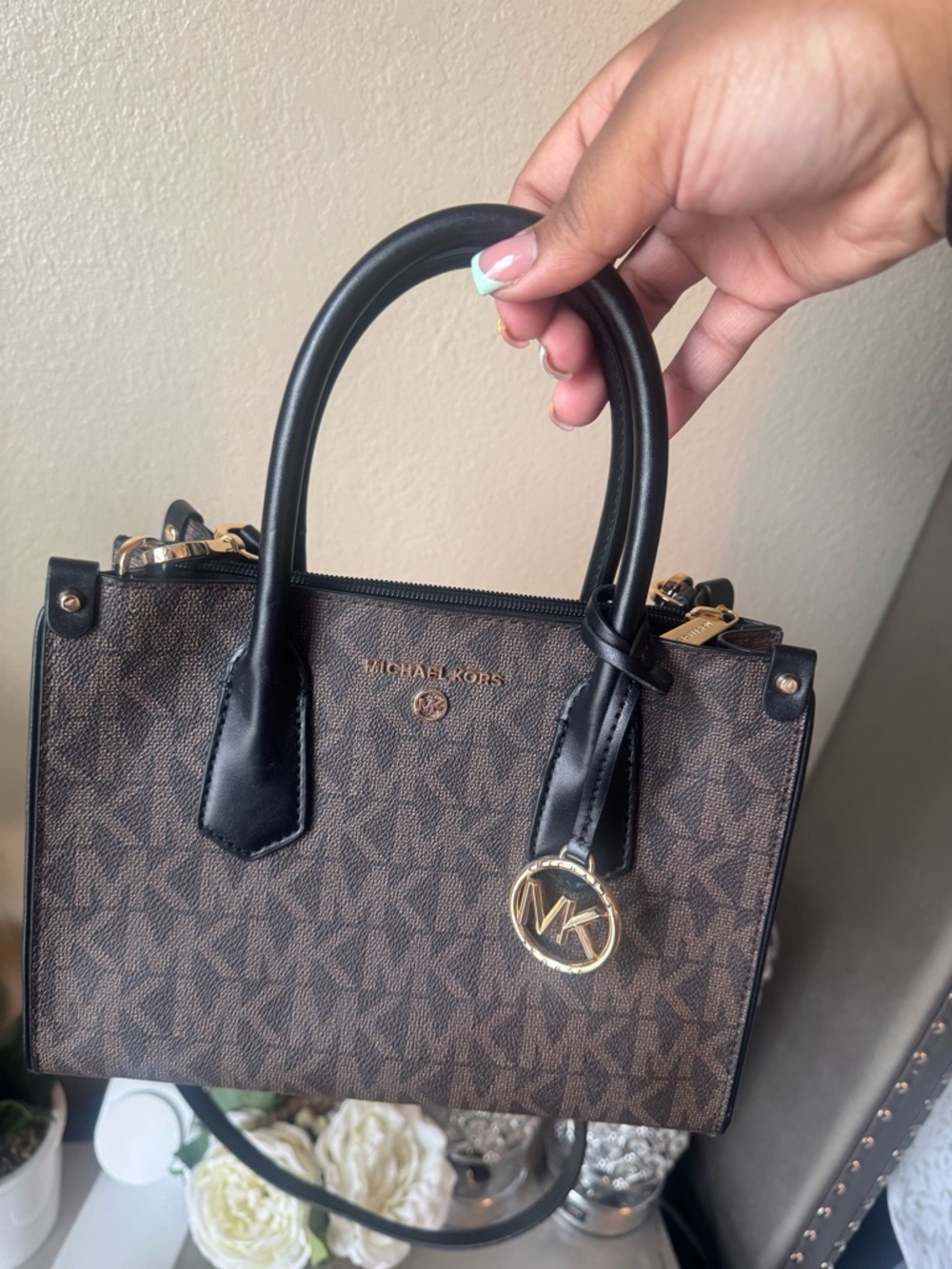 Michael Kors Brown & Black Signature Satchel with Gold Hardware